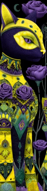 Cat bookmarks featuring yellow accents on cat face with purple flowers